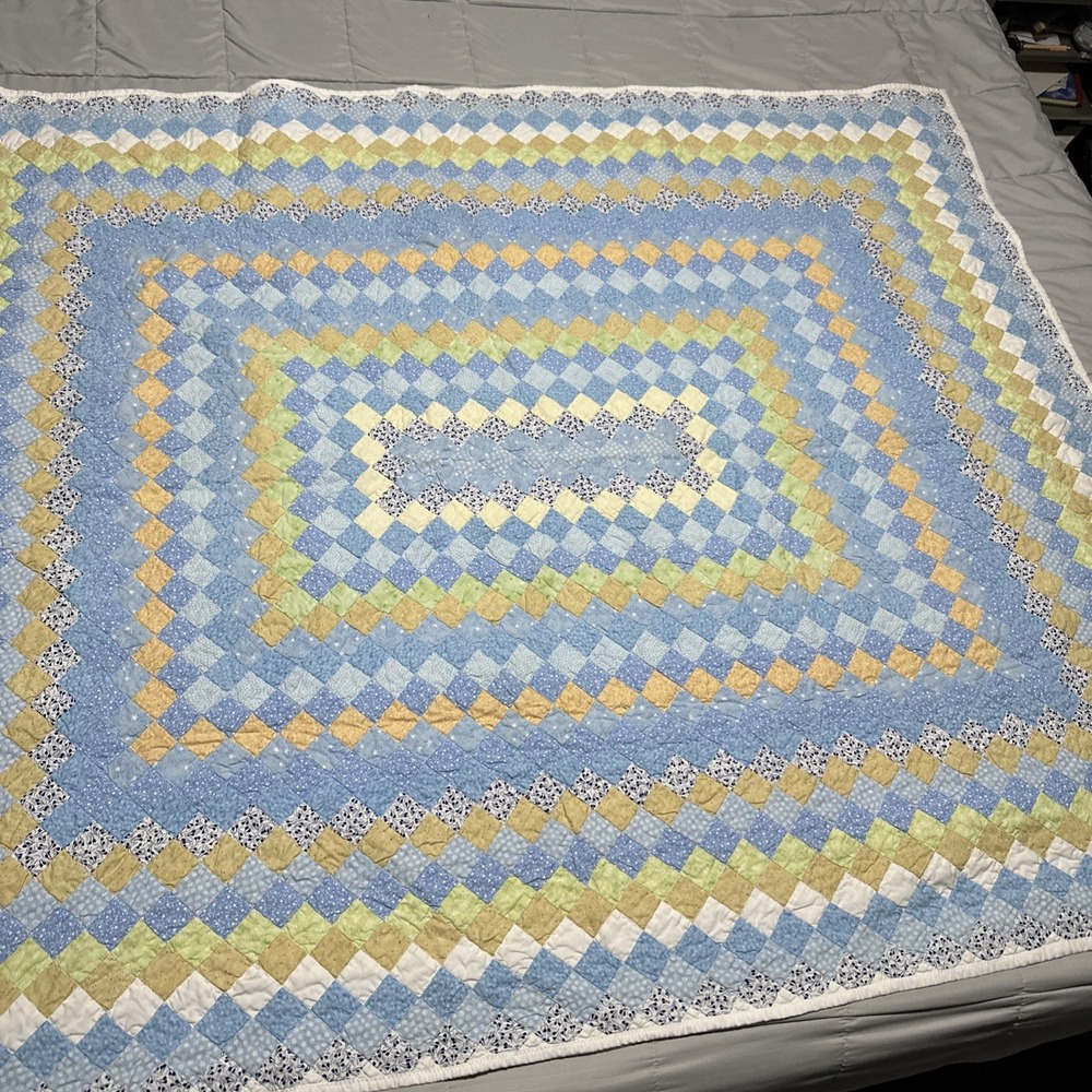 Vintage Handmade Baby /Child Quilt Blues Greens Floral Small Diamonds 60"x48"